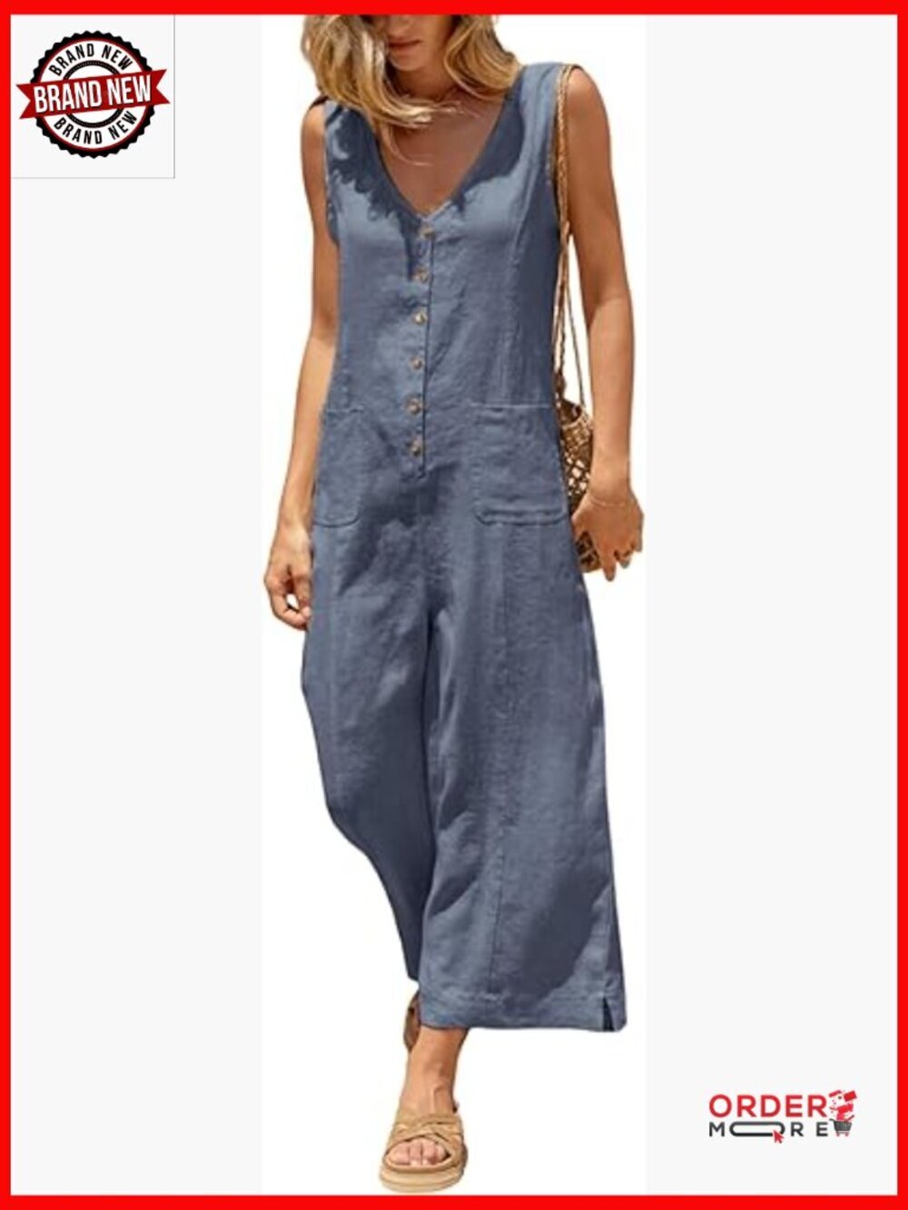 Cotton Linen Button Down Jumpsuit Casual Wide Leg Romper with Pockets